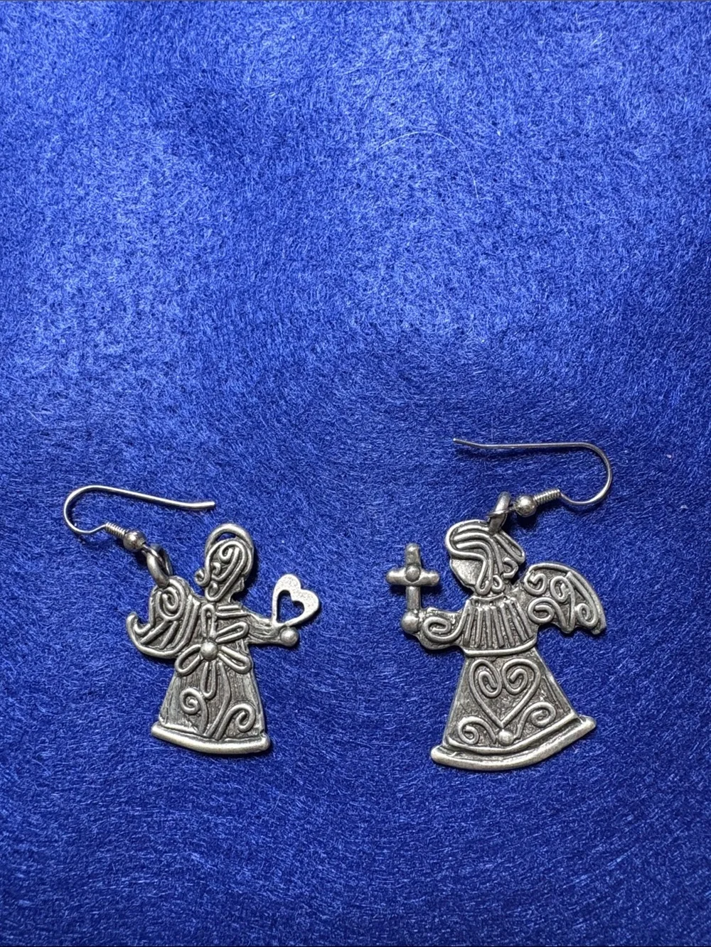 Silver Angel Dangle Earrings - Heart & Cross Design